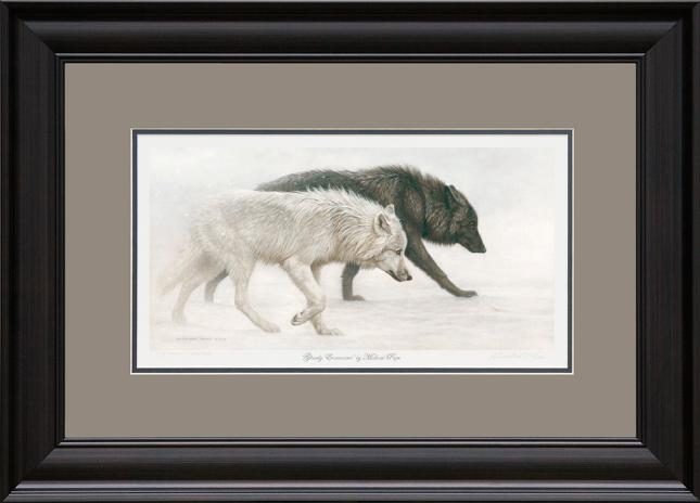 Ghostly Encounter - Grey Wolves, original acrylic on canvas wildlife painting is available.  Limited edition giclée wildlife prints on paper and canvas are available by Canadian wildlife artist Michael Pape.