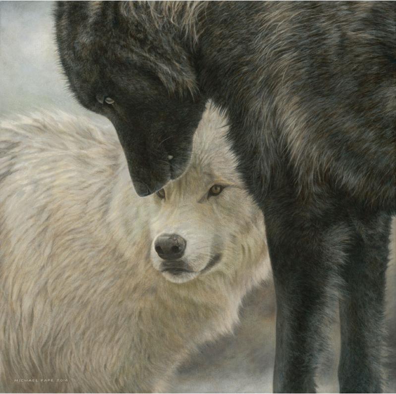 Strength & Wisdom - Grey Wolves, original wildlife painting is avaialble.  Limited edition giclée wildlife prints on paper & canvas in two sizes are available by Canadian wildlife artist Michael Pape.