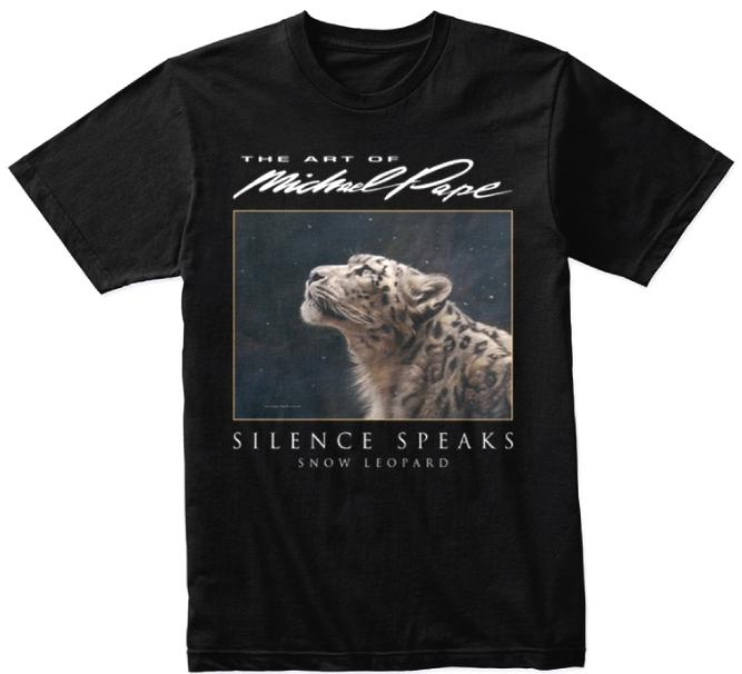 Shop Online For The Art Of Michael Pape Wildlife Art T-Shirts Collection: SILENCE SPEAKS - Snow Leopard
